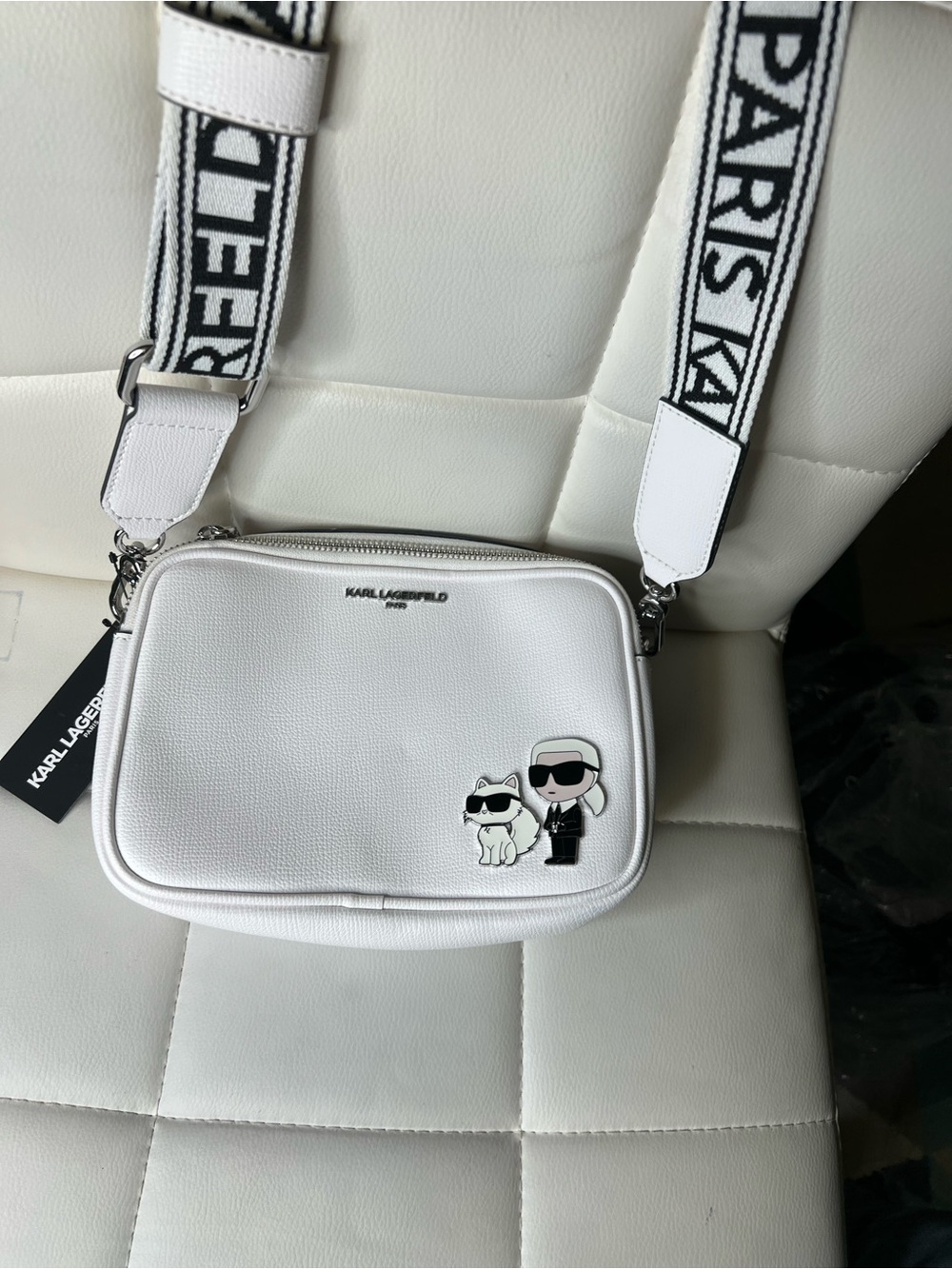 Karl Lagerfeld White Leather Crossbody with Karl & Choupette Patch